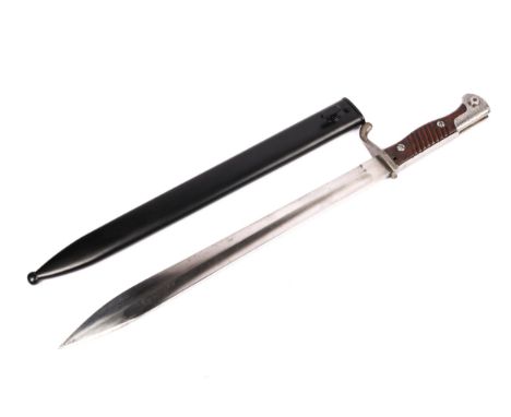 A German Seitengewehr M1898/05 bayonet, with trimmed muzzle ring and fitted with flash guard, by Alex Coppel, Solingen, in it