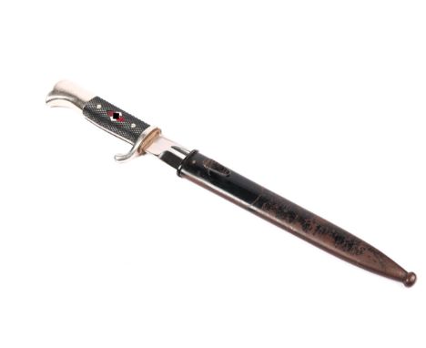 A Third Reich Hitler Youth parade bayonet, plated blade 7¾", plated hilt with chequered grips, one grip inset with enamelled 