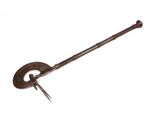 An Indo Persian all steel axe, the semi circular head chiselled with bands of animals, terminating in an antelope's head with