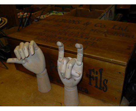 A reproduction wooden wine box for Ruinart Père et Fils 1906 Vintage ...., together with two artist's model hands*