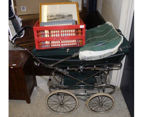 A Silver Cross pram in British racing green, together with a collection of assorted pictures, a vintage fire extinguisher and