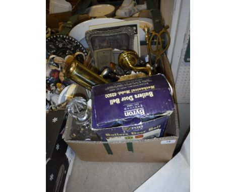 A box of sundries including pewter mugs, hip flasks, plated tureen, postcards, butler's doorbell, picture light, fox mask doo