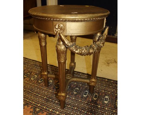 A collection of furniture to include two Victorian panel seated hall chairs, a gilt decorated occasional table, Victorian wri