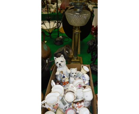A brass columnar oil lamp with clear glass wrythen reservoir, a coaching lamp converted to electricity and a box of various c