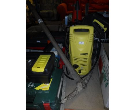 A tool box, various tools, Kärcher pressure washer, a vintage watering can, a glazed terracotta garden pot, bird cage, bird f
