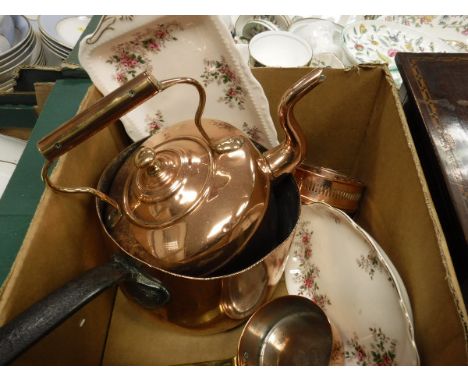 A box of various china wares, a box of copper wares including saucepan, kettle, coasters, etc a miniature chest of two drawer