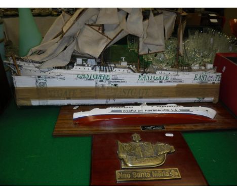 A scale model of a four masted ship, together with a half block model of a ship bearing plaque inscribed "Serie Manuel Azaña 