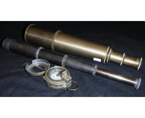 A modern brass compass in the World War II manner, a modern brass four draw telescope inscribed "Broadhurst Clarkson & Co." a