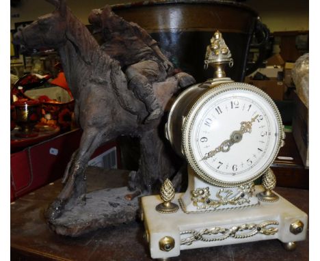 A circa 1900 French drum mantle clock on a white alabaster and brass embellished base, the movement with circular painted dia