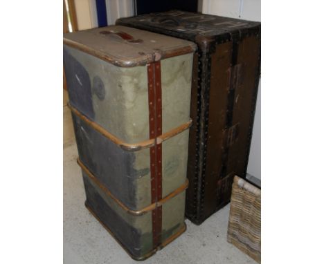 A vintage travel trunk with fitted hanging space and drawers, together with another school type trunk