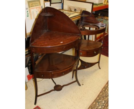 Two 19th Century mahogany corner washstands, together with a modern mahogany serpentine fronted side table, two Victorian bar