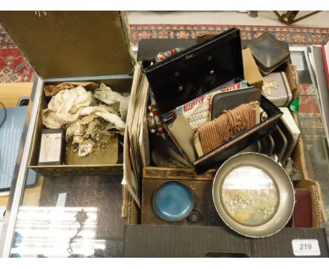 A box containing assorted sundry items to include various 19th Century and later paper boxes, a 19th Century ivory lidded box