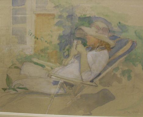 JOHN WARD "Figure drinking tea in a sun lounger", watercolour heightened in white, signed lower right, together with JOHN WAR