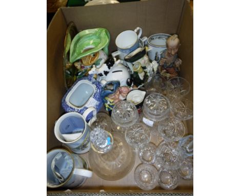 A box of various china and glass wares to include decanter and drinking glasses, jars and covers, Jeremy Fisher jug, cat and 