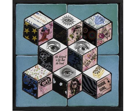 CARRIE REICHARDT,YOU ARE ENOUGH,Ceramic tiles with digital and vintage transfers and gold lustre in black wooden frame,32cm x