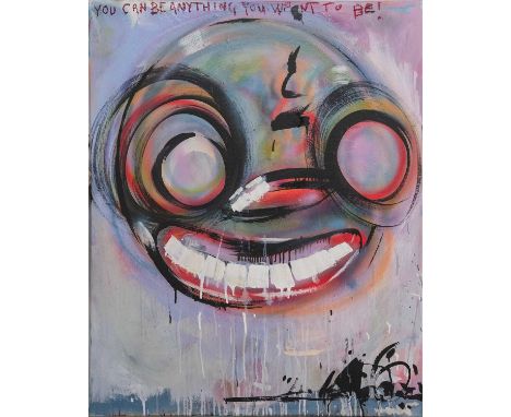 STEVIE UNKOWN,BE WHO YOU WANNA BE,Emulsion, acrylic, spray paint and pastel on canvas, signed and dated verso, 81cm x 101cm,O