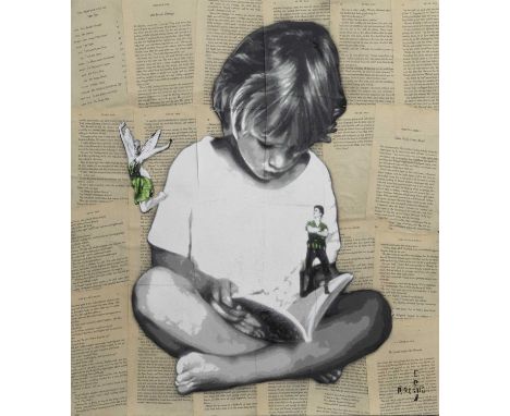 POLAR BEAR,PETER,Spray paint, 8 layers stencil on vintage Peter Pan book pages on wood, signed,60cm x 60cm,OriginalPolar Bear