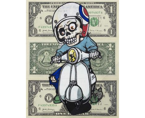 MR C,SKULL RIDER,Acrylic Posca paint pens on 3 $1 bills, signed,15.5cm x 19.5cm,OriginalMr C is a self taught artist who has 