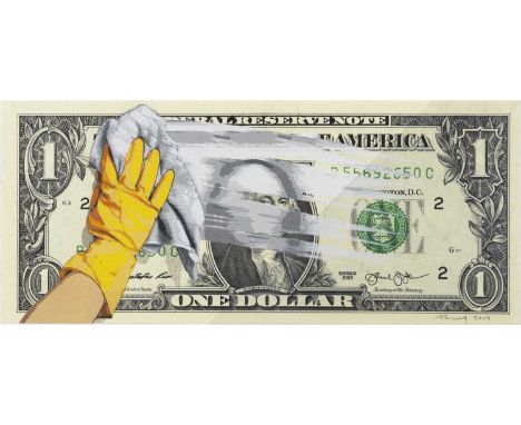 PENNY,DIRTY MONEY,31 layer hand cut stencil, spray paint on one dollar bill, signed and dated,15.6cm x 6.6cm,HPM of 10Penny g