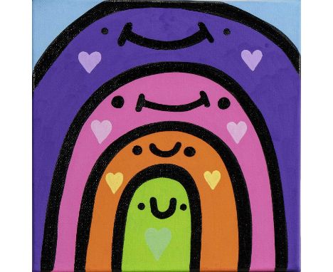 KEV MUNDAY,RAINBOW FAMILY,Acrylic and ink on canvas, signed verso,20cm x 20cm,OriginalKev Munday creates colourful, utopian w