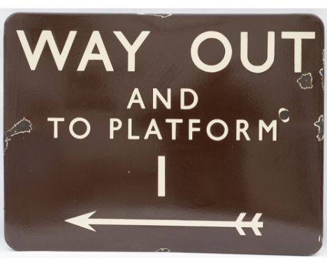 BR(W) FF enamel railway station sign WAY OUT AND TO PLATFORM 1 with left facing arrow. In good condition with a few face chip