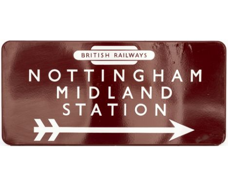 BR(M) FF enamel railway station direction sign NOTTINGAM MIDLAND STATION with British Railways totem and right facing arrow, 