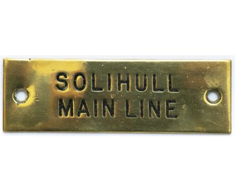 GWR machine engraved brass shelf plate SOLIHULL MAIN LINE . In very good condition with original black wax infill. Measures 4