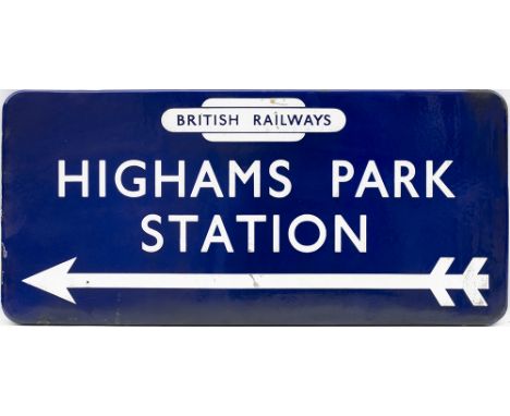 BR(E) FF enamel station direction sign HIGHAMS PARK STATION with British Railways totem and left facing arrow. From the forme