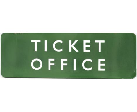 BR(SC) FF enamel railway station sign TICKET OFFICE. In good condition with slight loss of shine 36in x 12in. 