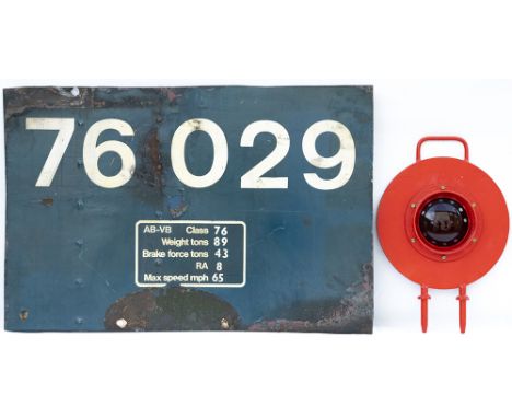 Flamecut cabside numberplate panel 76029 ex British Railways Electric locomotive built at Gorton in 1959 and originally numbe