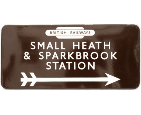 BR(W) FF enamel railway station direction sign SMALL HEATH &amp; SPARKBROOK STATION with British Railways totem and right fac
