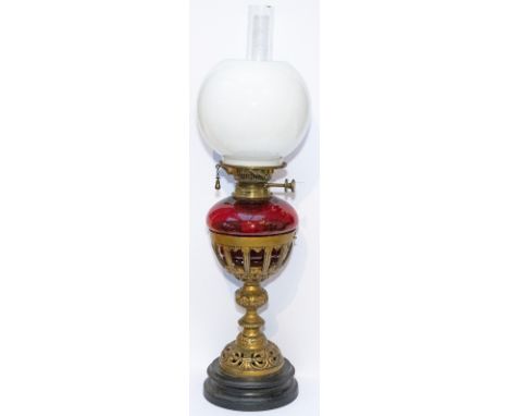 London &amp; South Western Railway oil table lamp complete with reservoir, burner, glass chimney, glass shade and cast iron b