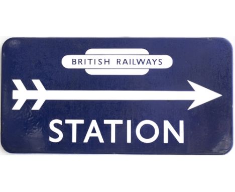 BR(E) FF enamel direction sign STATION with British Railways totem and right facing arrow. In very good condition with slight