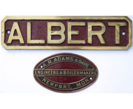 Nameplate ALBERT together with matching makers plate A.R.ADAMS &amp; SON ENGINEERS &amp; BOILER MAKERS NEWPORT, MON. Ex Manni