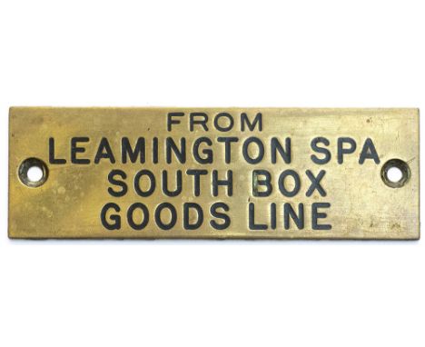 GWR machine engraved brass shelf plate FROM LEAMINGTON SPA SOUTH BOX GOODS LINE. In very good condition with original black w