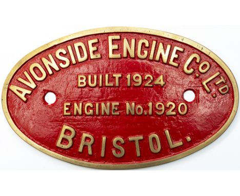 Worksplate AVONSIDE ENGINE Co LTD BRISTOL BUILT 1924 ENGINE No 1920. Ex 0-6-0ST named Bill. Used at Firbeck colliery, Notting