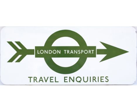 London Underground FF enamel direction sign LONDON TRANSPORT in right facing arrow TRAVEL ENQUIRIES. In very good condition w