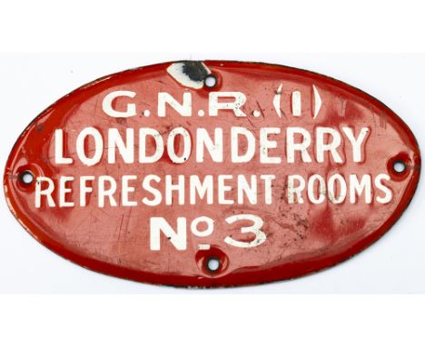 Great Northern Railway Ireland enamel wicker hamper plate. G.N.R.(I) LONDONDERRY REFRESHMENT ROOMS No 3. Oval enamel in very 