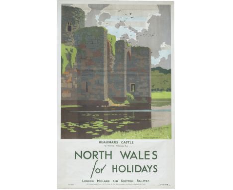Poster LMS NORTH WALES FOR HOLIDAYS BEAUMARIS CASTLE by Norman Wilkinson RI. Double Royal 25in x 40in. In very good condition