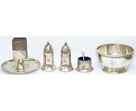 A nice selection of Great Western Railway Hotel silverplate tableware consisting of; a pair of salt and pepper pots face mark