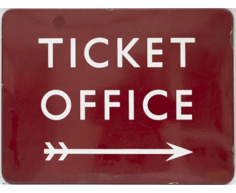 BR(M) FF enamel railway station sign TICKET OFFICE with right facing arrow. In good condition with a few minor face chip repa