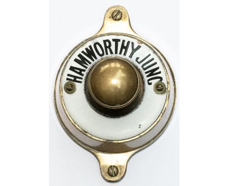 Southern Railway brass cased signal box bell push with enamel ring HAMWORTHY JUNC. In very good condition. Noted as being fro