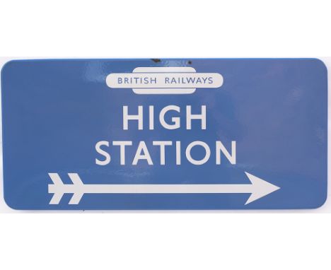 BR(SC) FF enamel railway station direction sign HIGH STATION with British Railways totem and right facing arrow. In very good