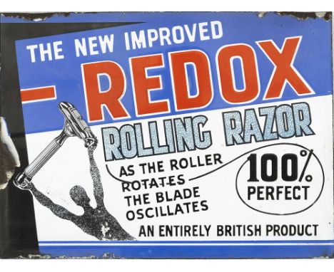 Advertising enamel sign THE NEW IMPROVED REDOX ROLLING RAZOR. Semi pictorial, in good condition with some edge chipping. Meas