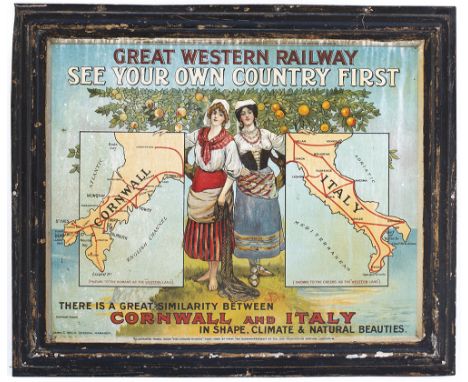 Great Western Railway Lithographed tinplate advertising sign. GREAT WESTERN RAILWAY SEE YOUR OWN COUNTRY FIRST THERE IS A GRE
