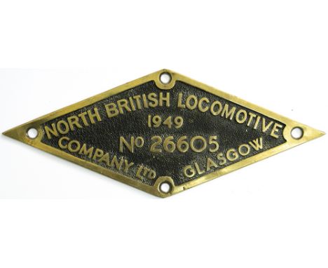 Worksplate NORTH BRITISH LOCOMOTIVE COMPANY GLASGOW No 26605 1949 ex LNER Peppercorn K1 2-6-0 numbered 62001 as the first of 