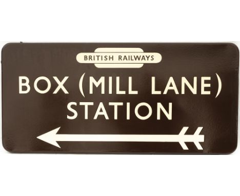 BR(W) FF enamel railway station direction sign BOX (MILL) LANE STATION with British Railways totem and left facing arrow, fro