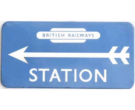 BR(SC) FF enamel direction sign STATION with British Railways totem and left facing arrow. In very good condition with slight