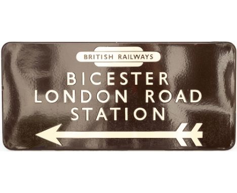 BR(W) FF enamel railway station direction sign BICESTER LONDON ROAD STATION with British Railways totem and left facing arrow
