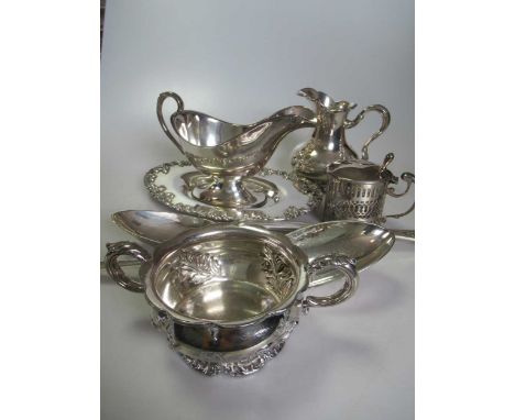 A collection of silver plated ware including a kettle and stand, soup tureen, sauce boat and stand, gallery tray, flatware, s